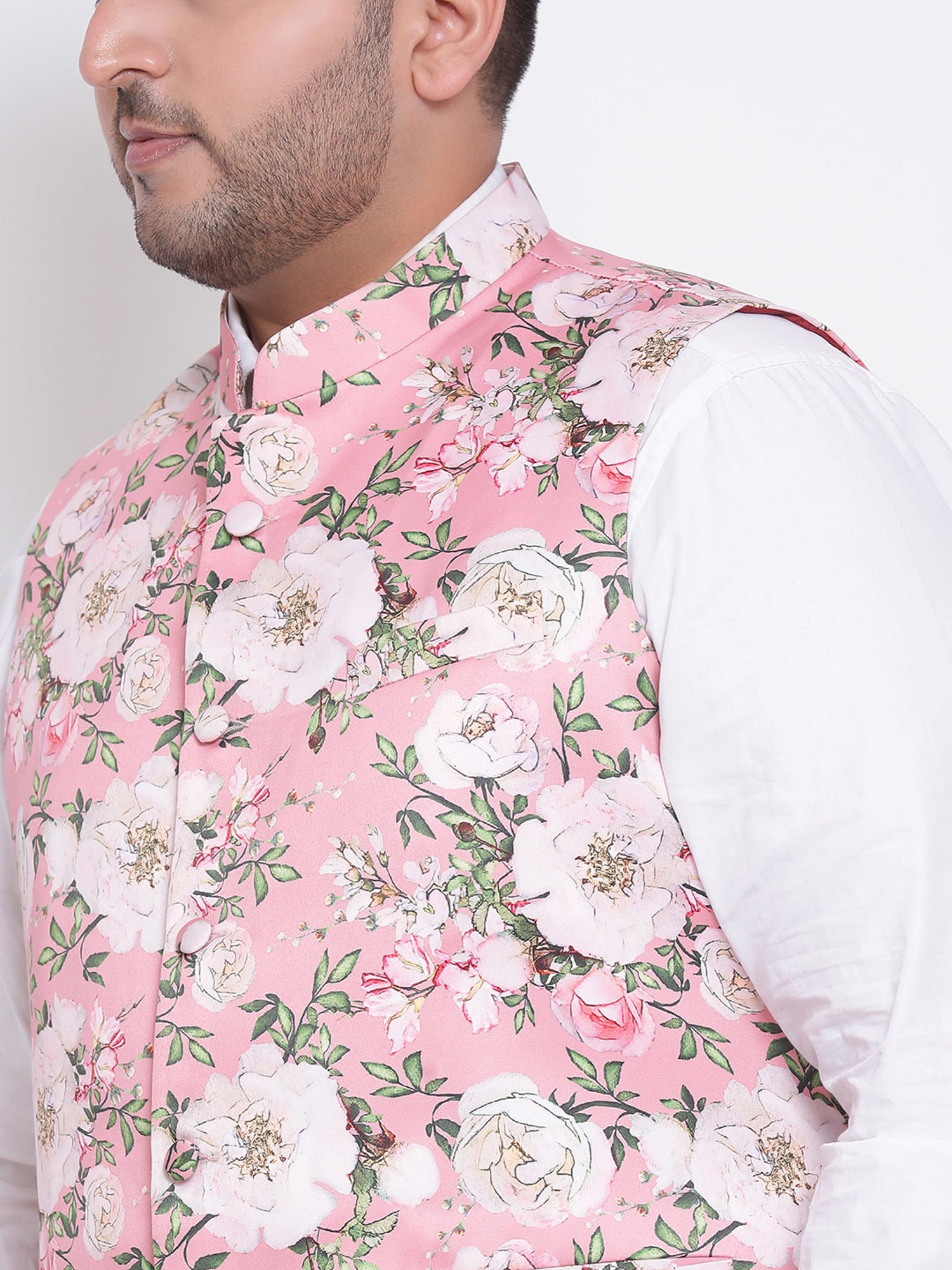 Hangup Plus Pink Regular Fit Floral Print Plus Size Nehru Jacket