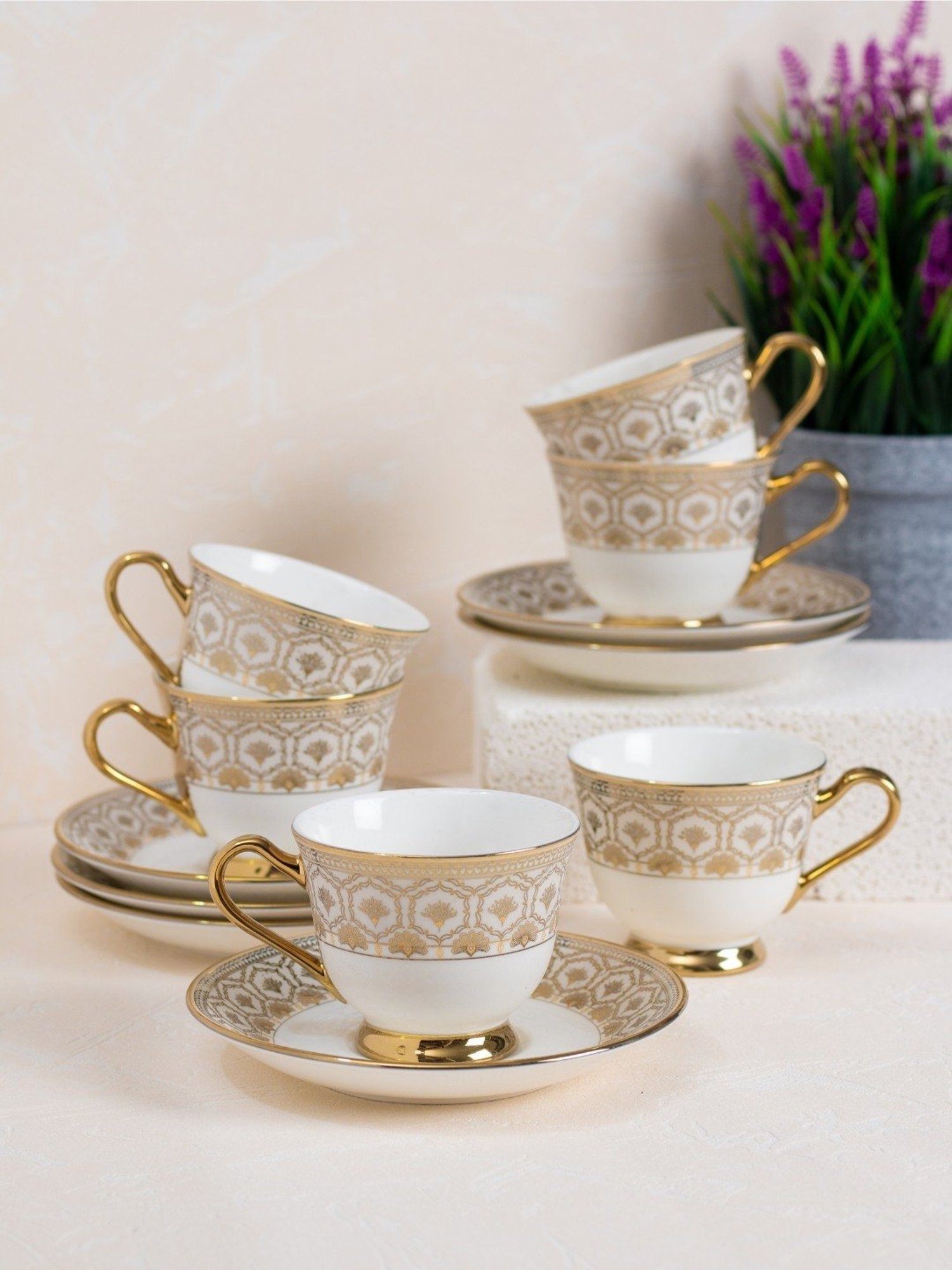 JCPL Fine Printed Gold Ceramic Cup & Saucer 180 ml - Set of 12