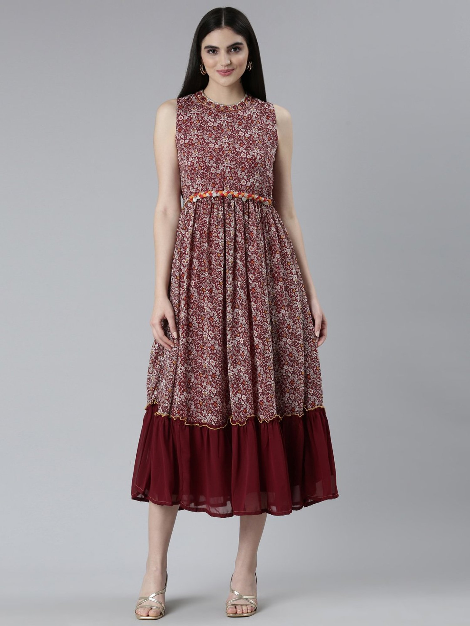Neerus Maroon Floral Print Blouson Dress