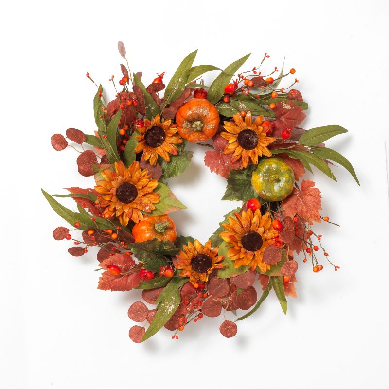 Gerson International 24-Inch Diameter Harvest Wreath with Pumpkin and Berry Accents.