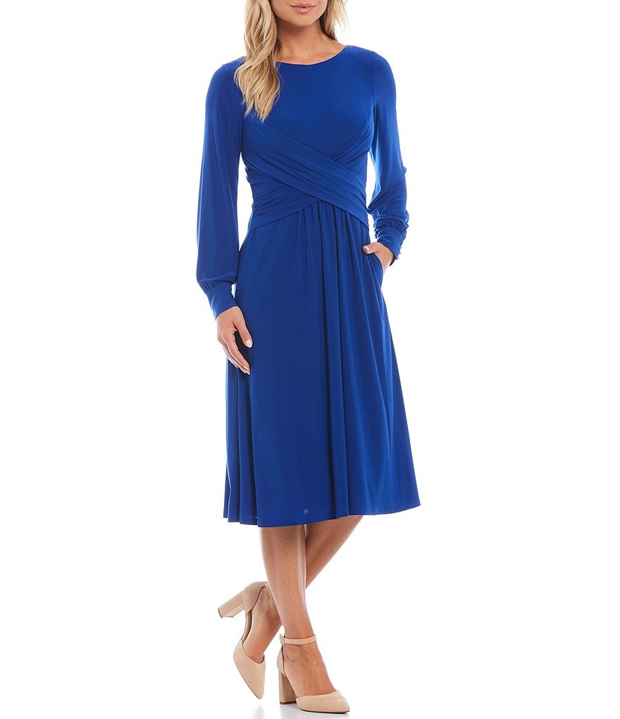 Jessica Howard Petite Size Long Sleeve Round Neck Cross Front Dress
