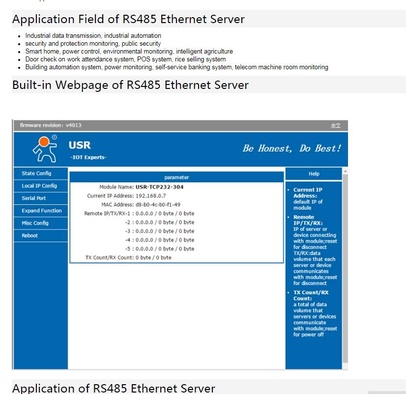 USR-TCP232-304 Serial RS485 to TCP/IP Ethernet Server Converter Module with Built-in Webpage DHCP/DNS Supported