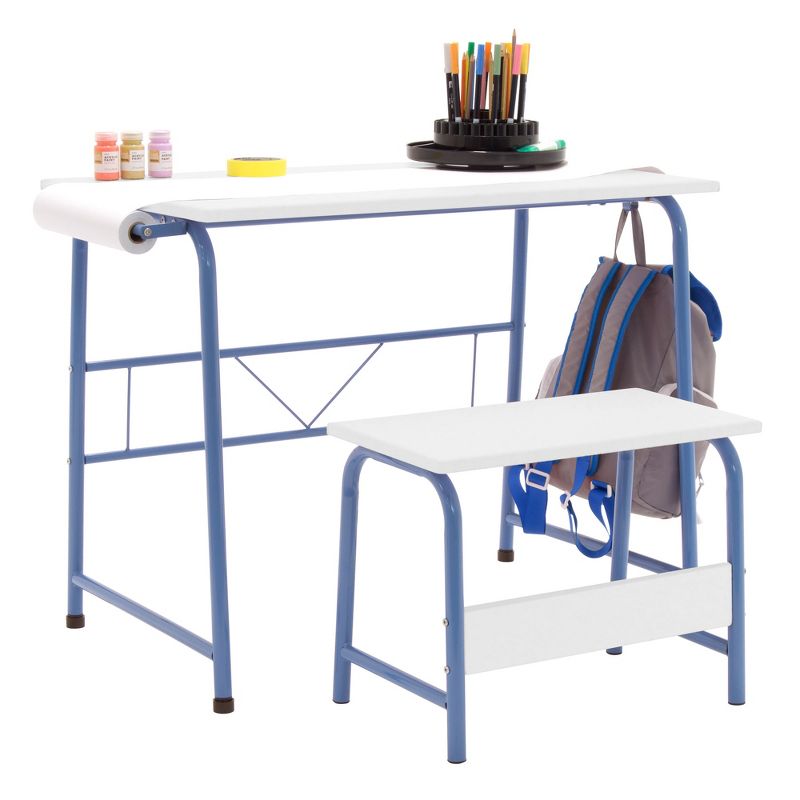 Studio Designs 38022 Homeroom 2 Piece Kids Art Learning Homework Table Desk and Bench Set with 12 Inch Craft Paper Roll and Backpack Hook, Blue/White