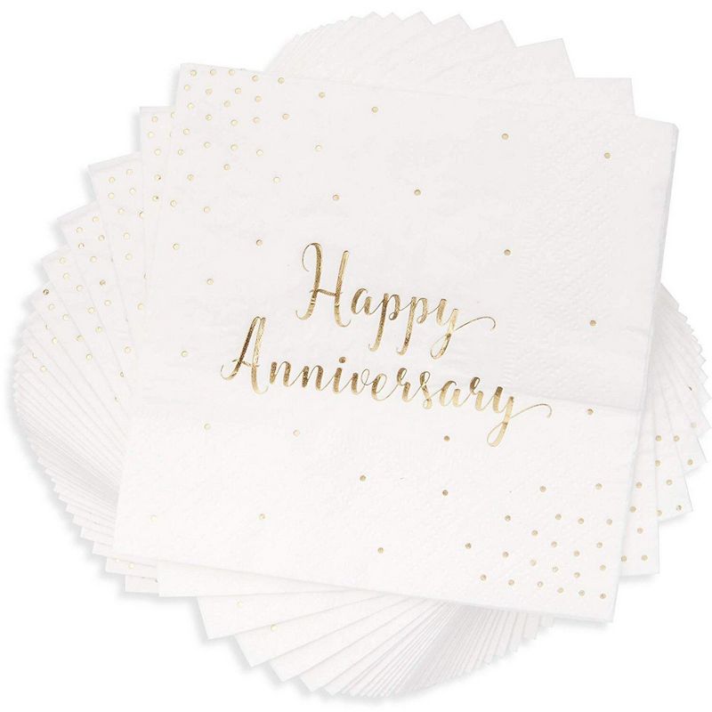 Blue Panda 50-Pack Cocktail Disposable Napkins - Happy Anniversary Printed in Gold Foil Confetti