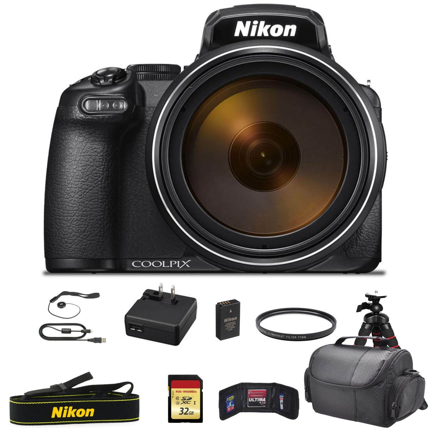 Nikon COOLPIX 16.7 Digital Camera with 3.2" LCD, Black - Bundle Kit with 32GB Memory Card + UV Filter + More - Intl Model