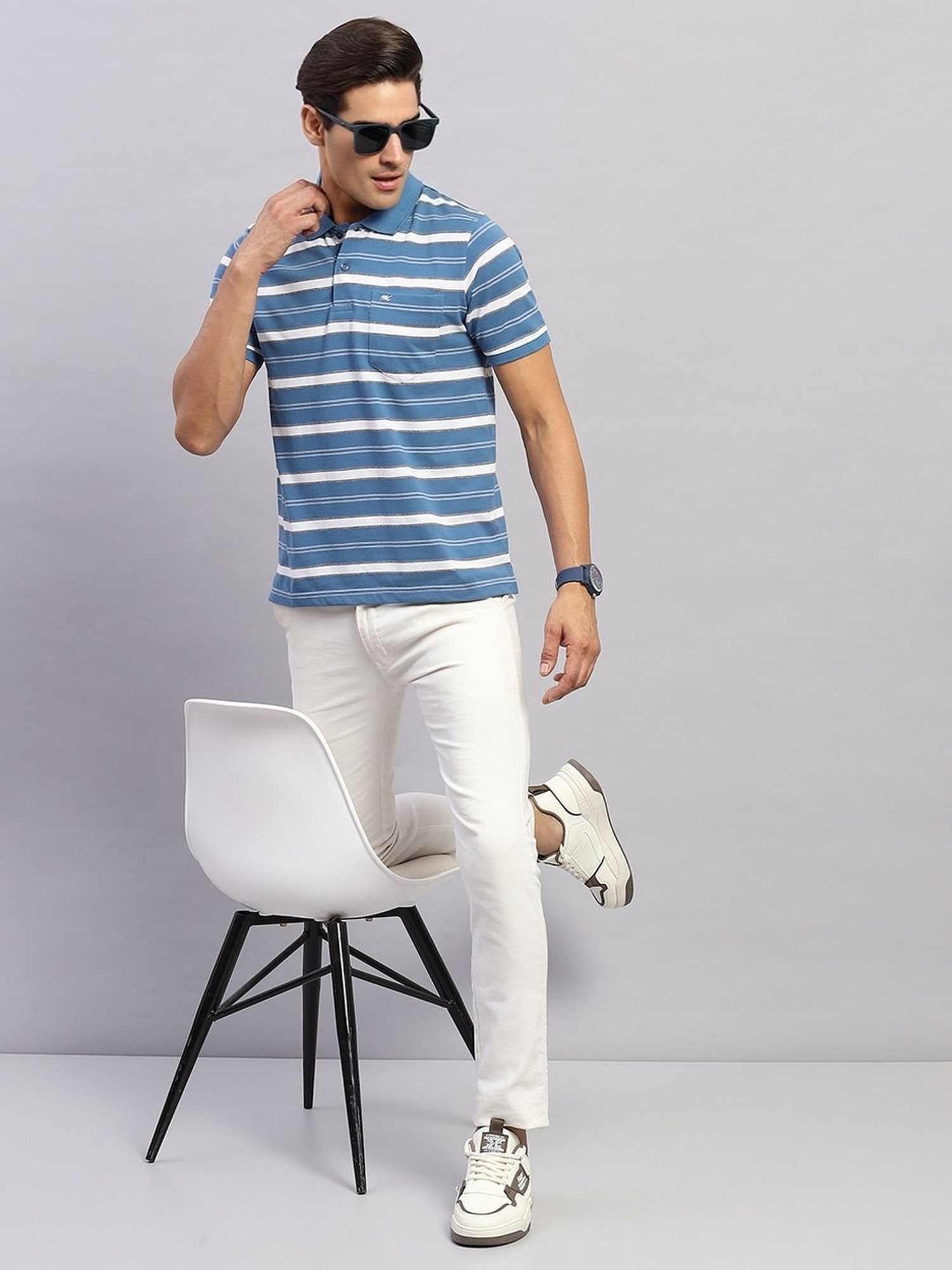 Monte Carlo Blue Regular Fit Striped Polo T-Shirt