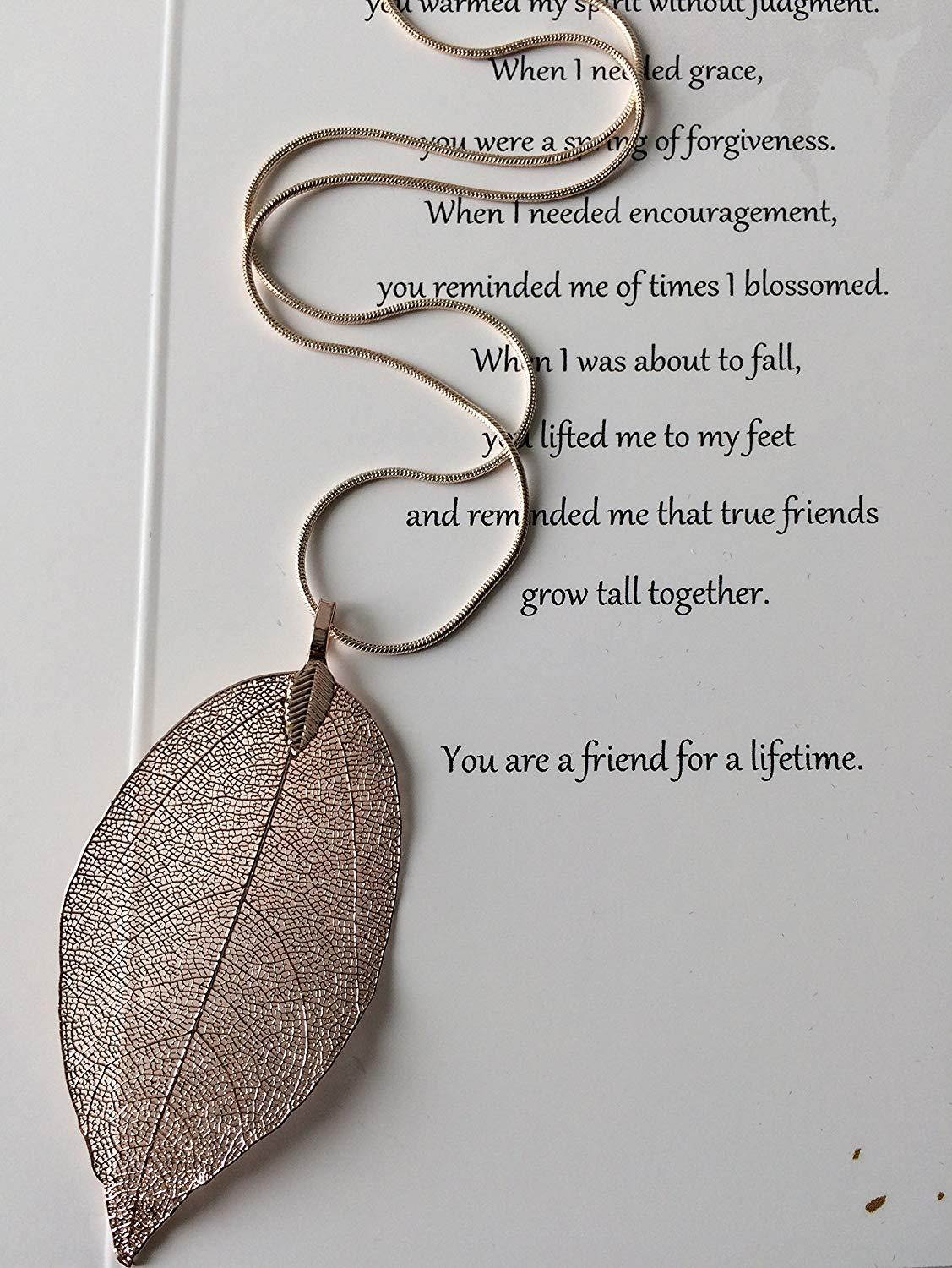 Smiling Wisdom - Rose Gold Real Leaf Friendship Necklace Gift Set - Reason Season Lifetime Friendship Greeting Card - Sweater Leaf Statement Necklace - For Her, Awesome Best Friend - Rose Pink Color