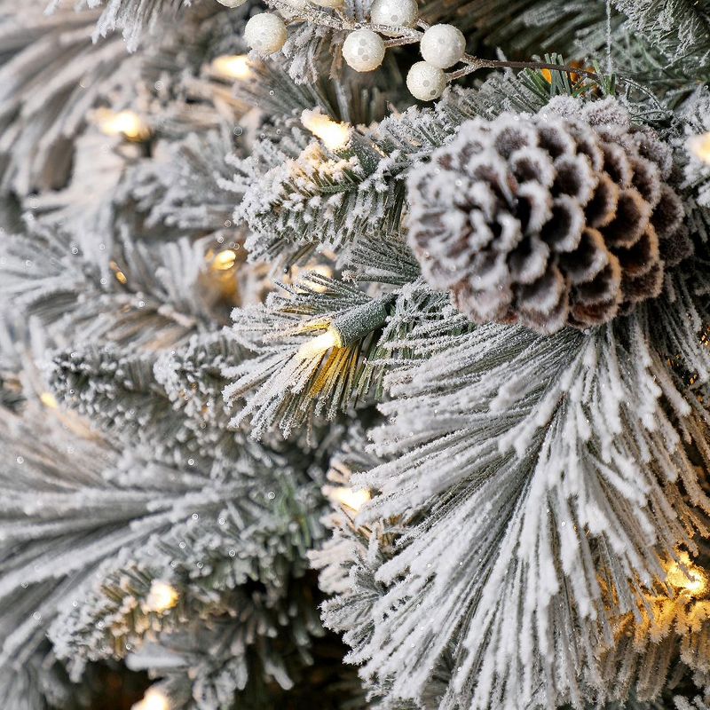 Home Heritage 6.5 Foot Snowdrift Snow Flocked Quick Set Pine Prelit Artificial Christmas Tree w/ Clear White Lights, Pinecones, Berries, & Metal Stand