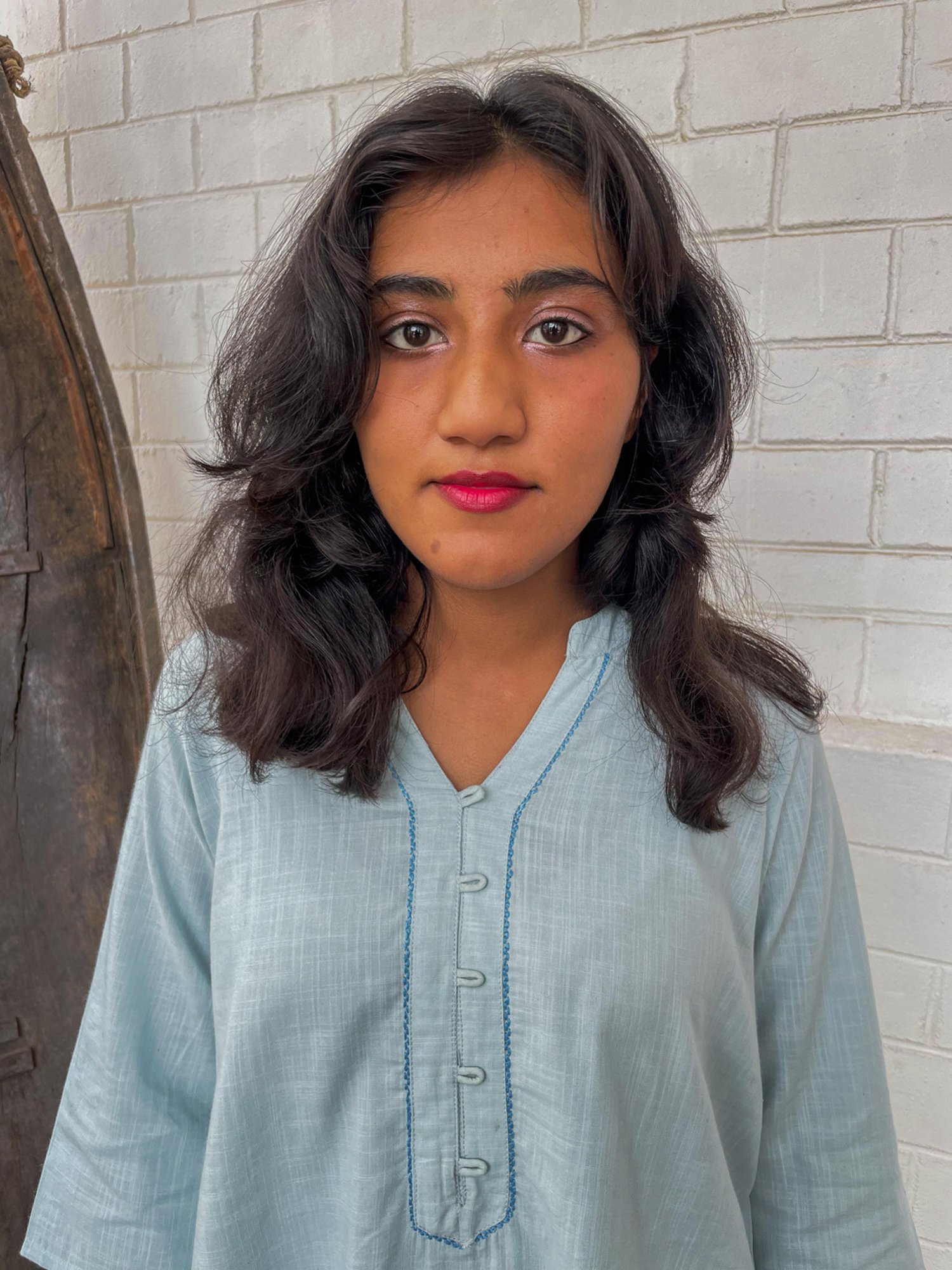 Zuri Sky Blue Kantha Embroidered Short Cotton Kurta