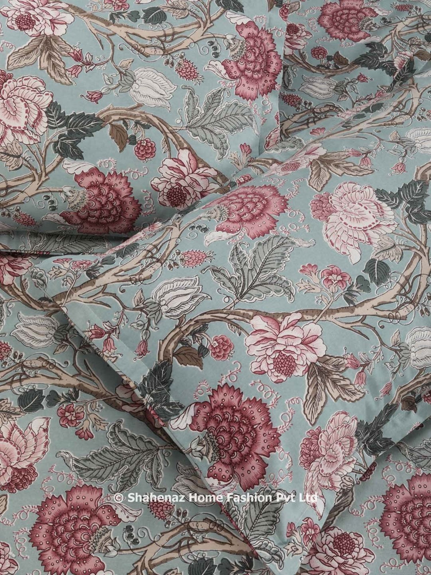 Shahenaz Blue 120 TC Cotton Blooming Chintz Double Bedsheet with 2 Pillow Covers