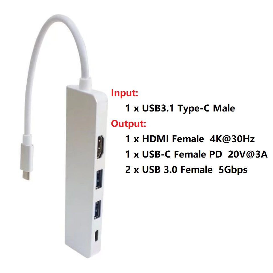 4 in 1 Type-C Dongle with HDMI 4K 2 x USB3.0 PD HUB, 4in1 USB-C to 4K HDMI PD USB 3.0 HUB.
