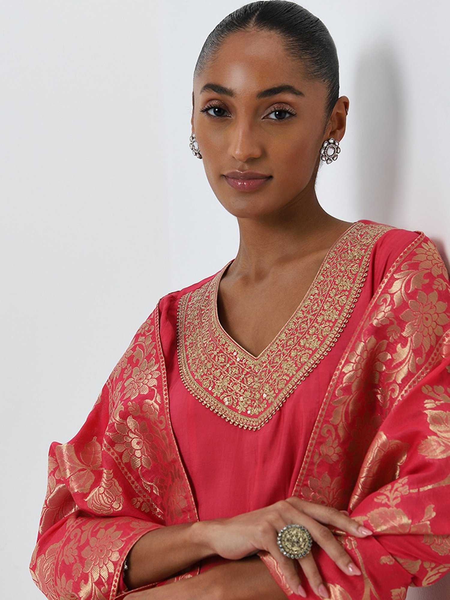 Vark by Westside Dark Pink Embellished Kurti, Palazzos and Dupatta Set