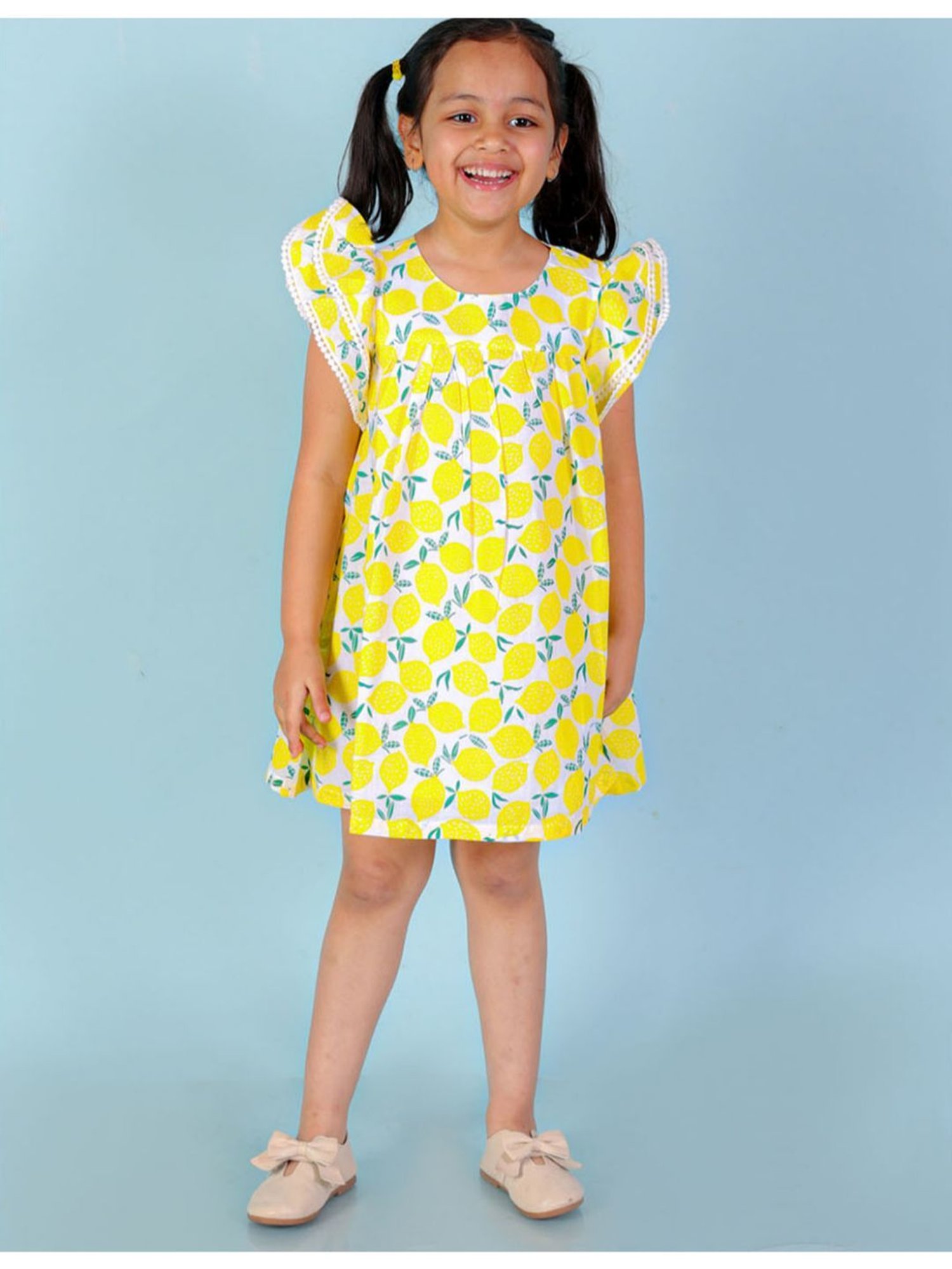 Lil Drama Kids White & Yellow Floral Print Dress
