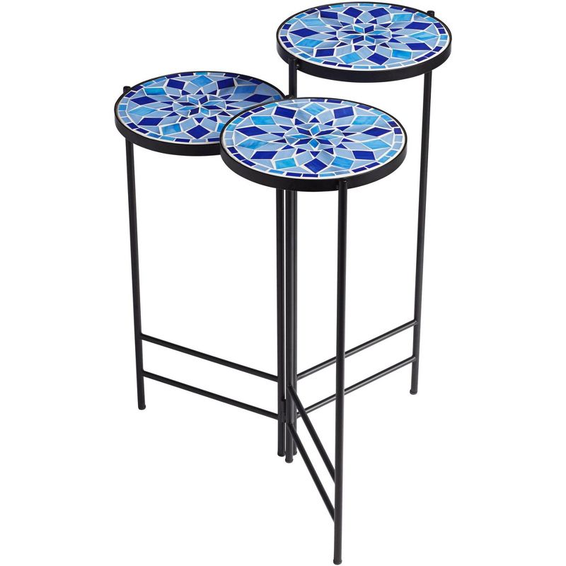 Teal Island Designs Blue Mosaic Black Iron Set of 3 Accent Tables