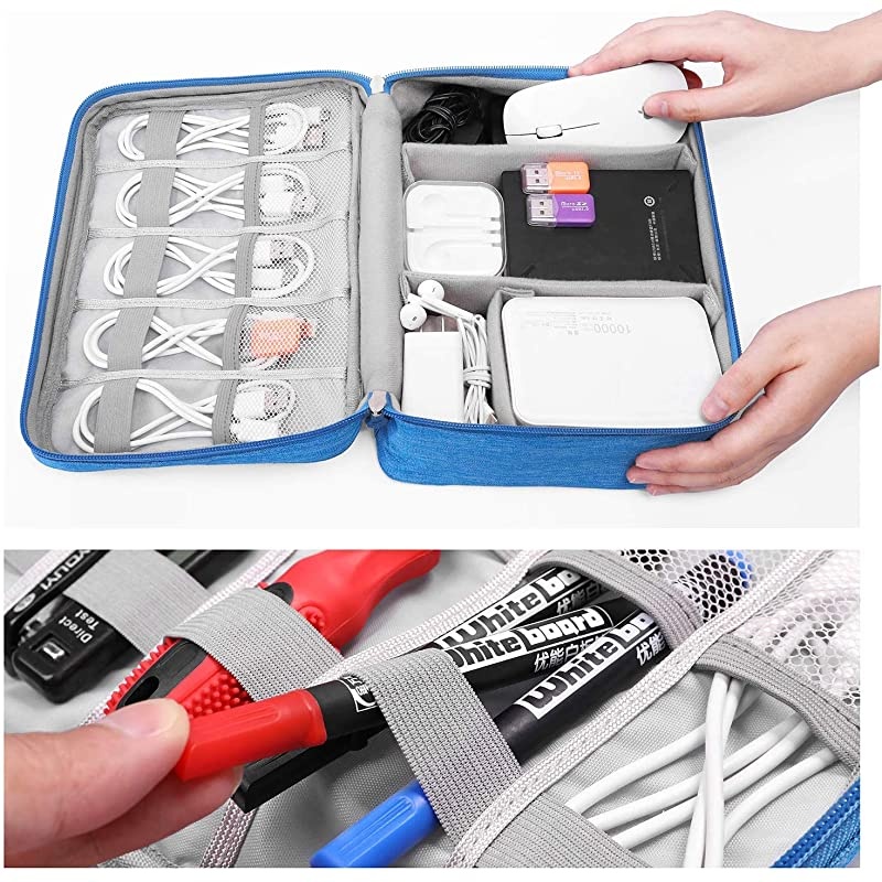 Electronic Organizer Travel, Universal Waterproof Carrying Case Cable Organizer Electronics Accessories Cases for USB Cables, Charger, Power Bank, Phone, E-Book Kindle, iPad or Tablet (Blue)
