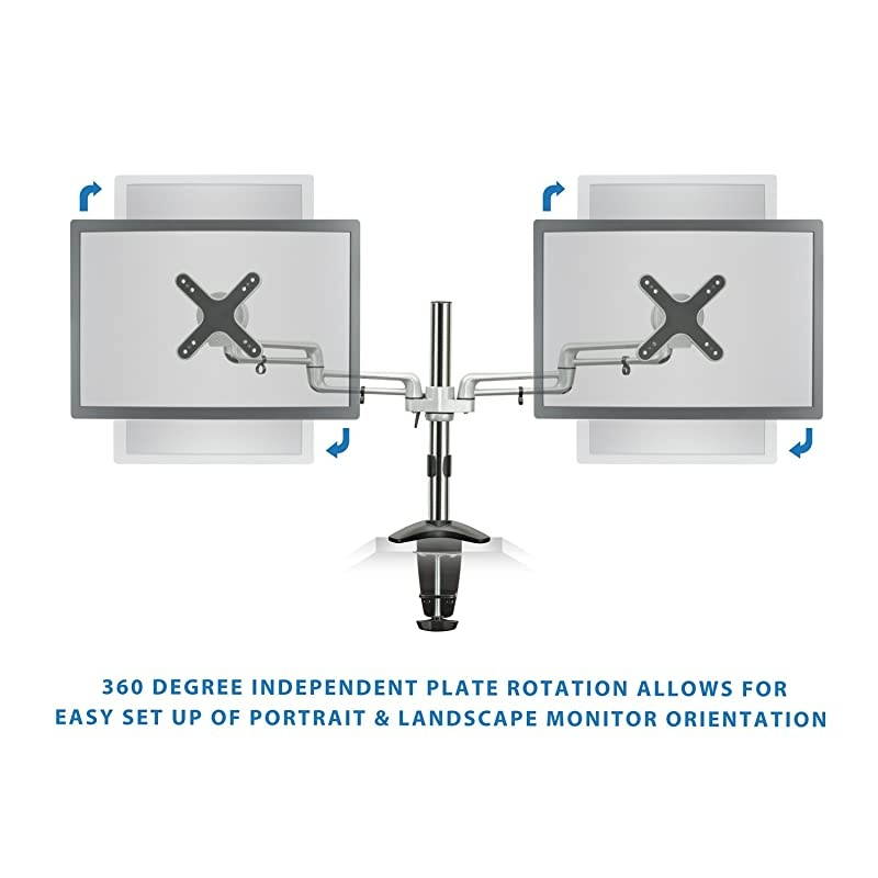 Dual Monitor Mount | Double Monitor Desk Stand | Two Full Motion Arms Fit 2 Computer Screens 17 19 20 21 22 24 27 Inch | VESA Compatible 75 100 | CClamp and Grommet Base Included | Silver