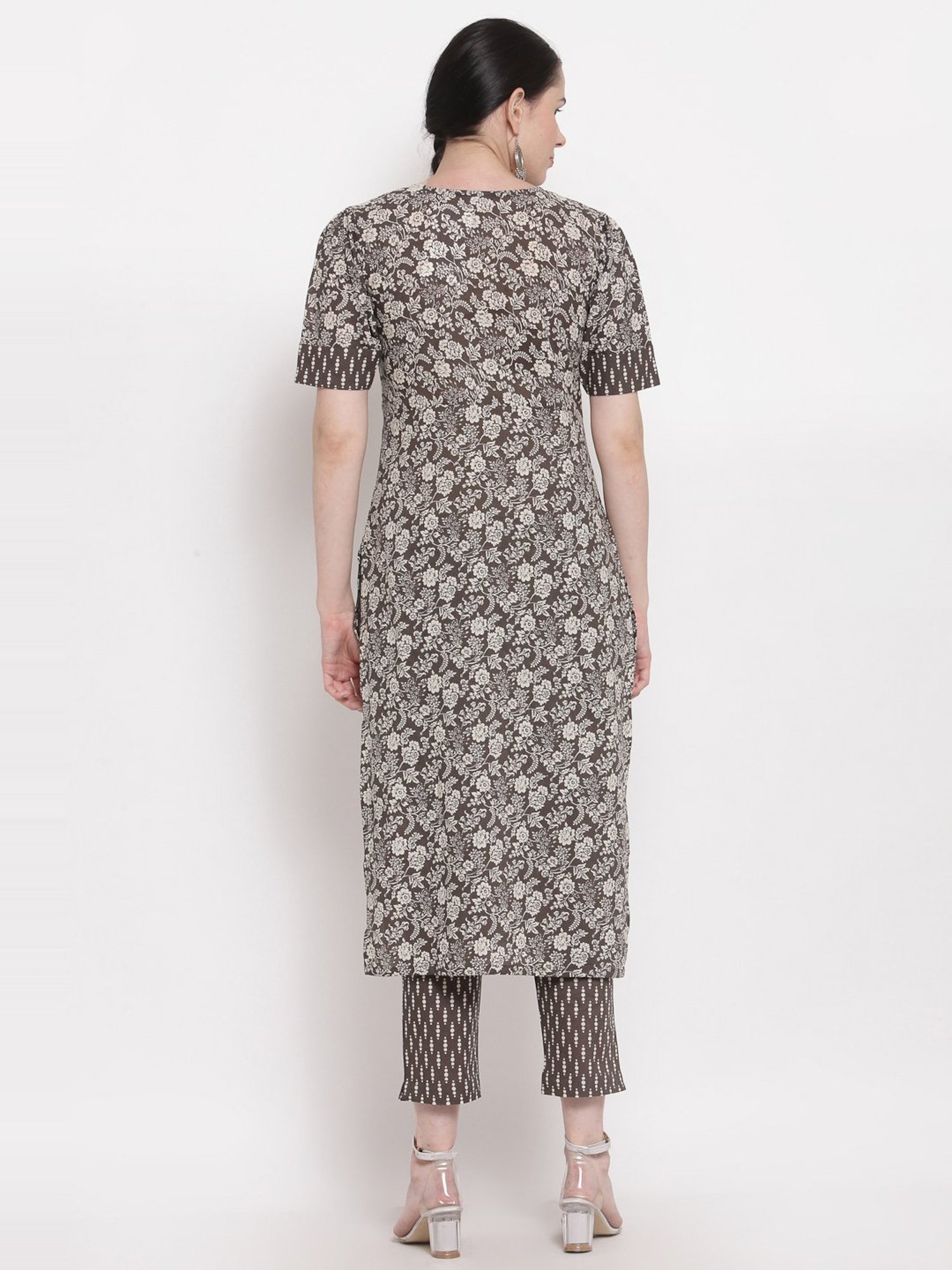 Indibelle Brown Cotton Floral Print Straight Kurta