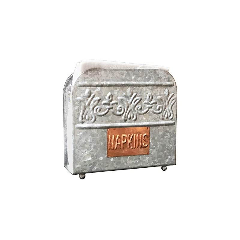 Galvanized Iron Napkin Holder - Rustic Farmhouse Style for Kitchen or Dining &ndash; Upright Napkin Holder &ndash; Pretty Embossing And Copper Label Add Farmhouse Warmth
