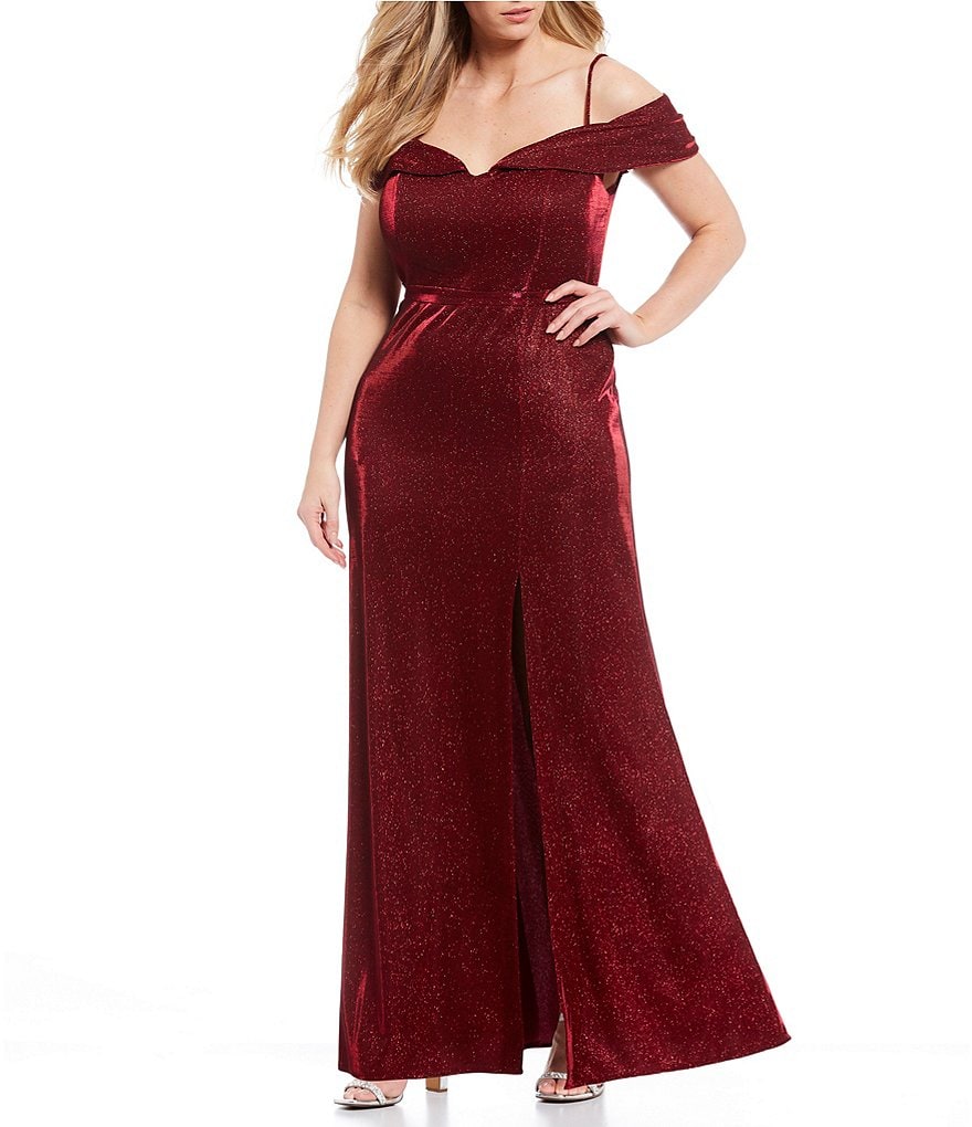 Morgan & Co. Plus Off-The-Shoulder Cap-Sleeve Side Slit Shimmer Shine Long Dress