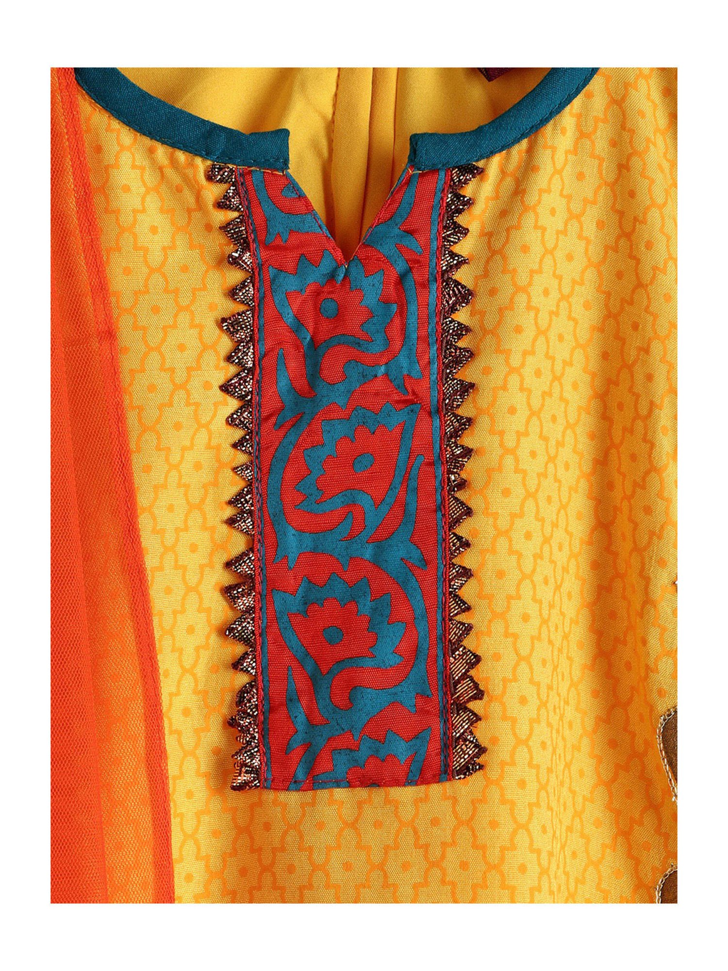 TWISHA Kids Mustard & Orange Embroidered Kurta, Churidar with Dupatta