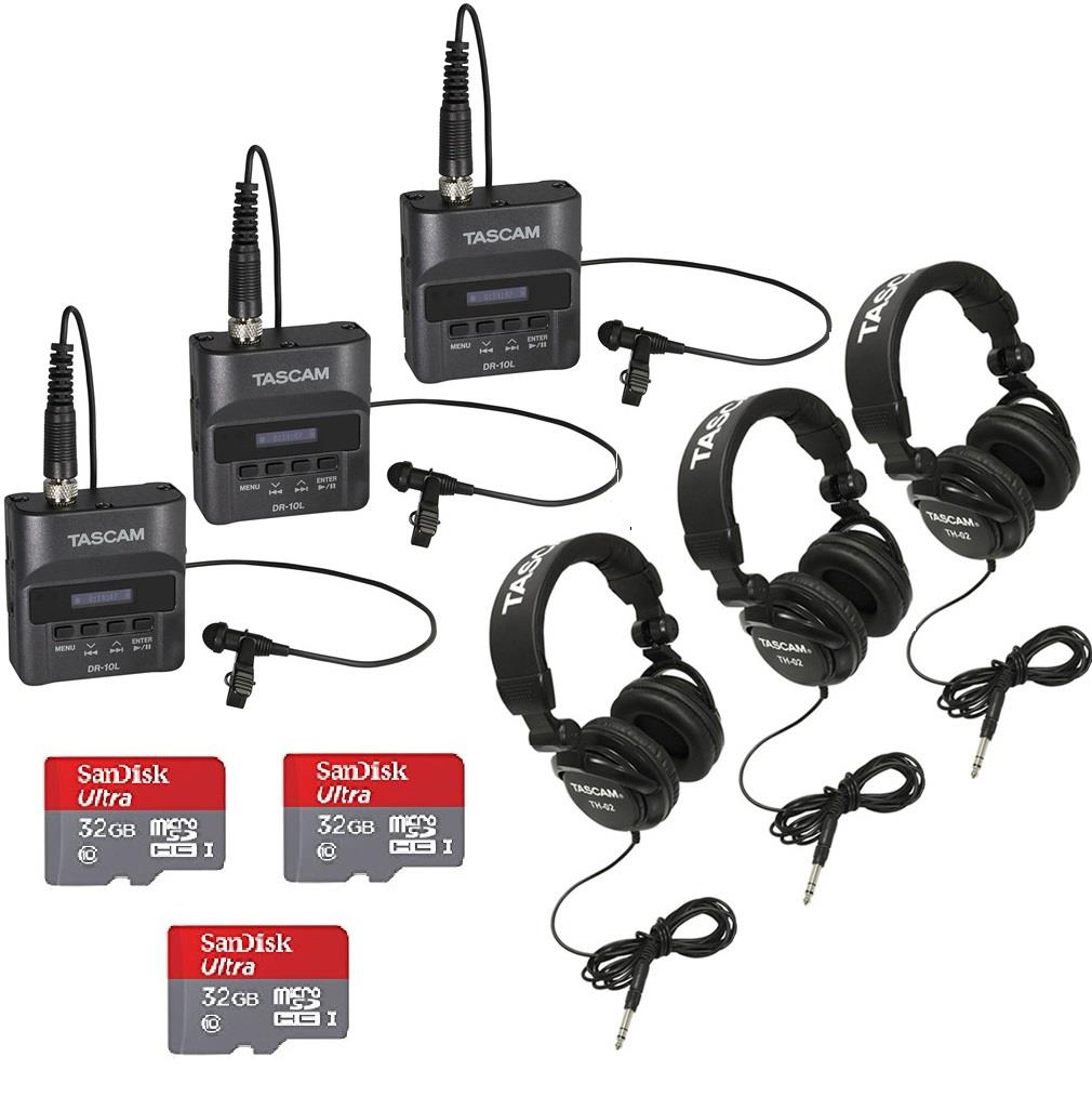 Tascam DR-10L Digital Recorder with Tascam Headphones and 32GB SD Card (3-pack)