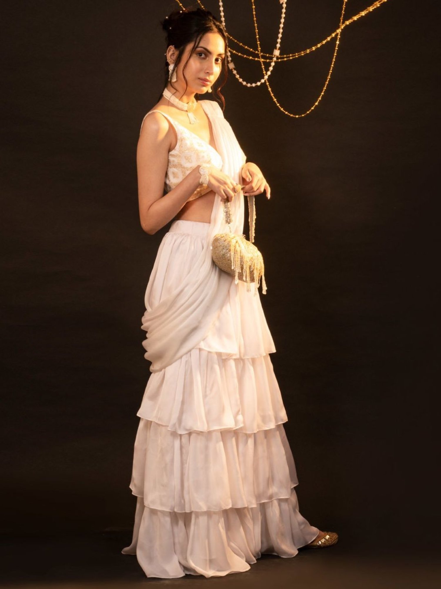 Monk and Mei Soul of Swan White and Gold Mira Ruffle Saree Set