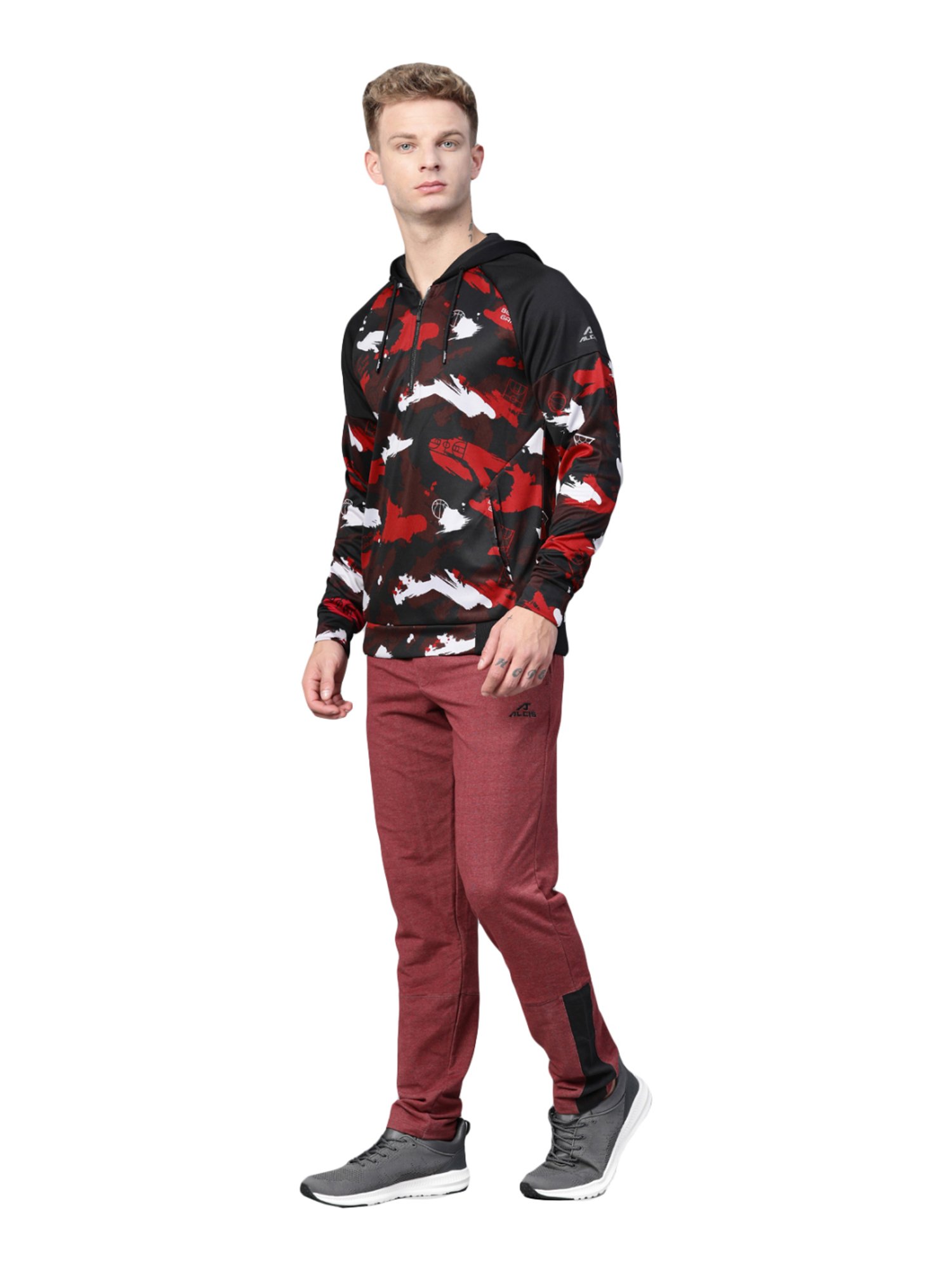 ALCIS Red & Black Regular Fit Camouflage Hooded Sweatshirt