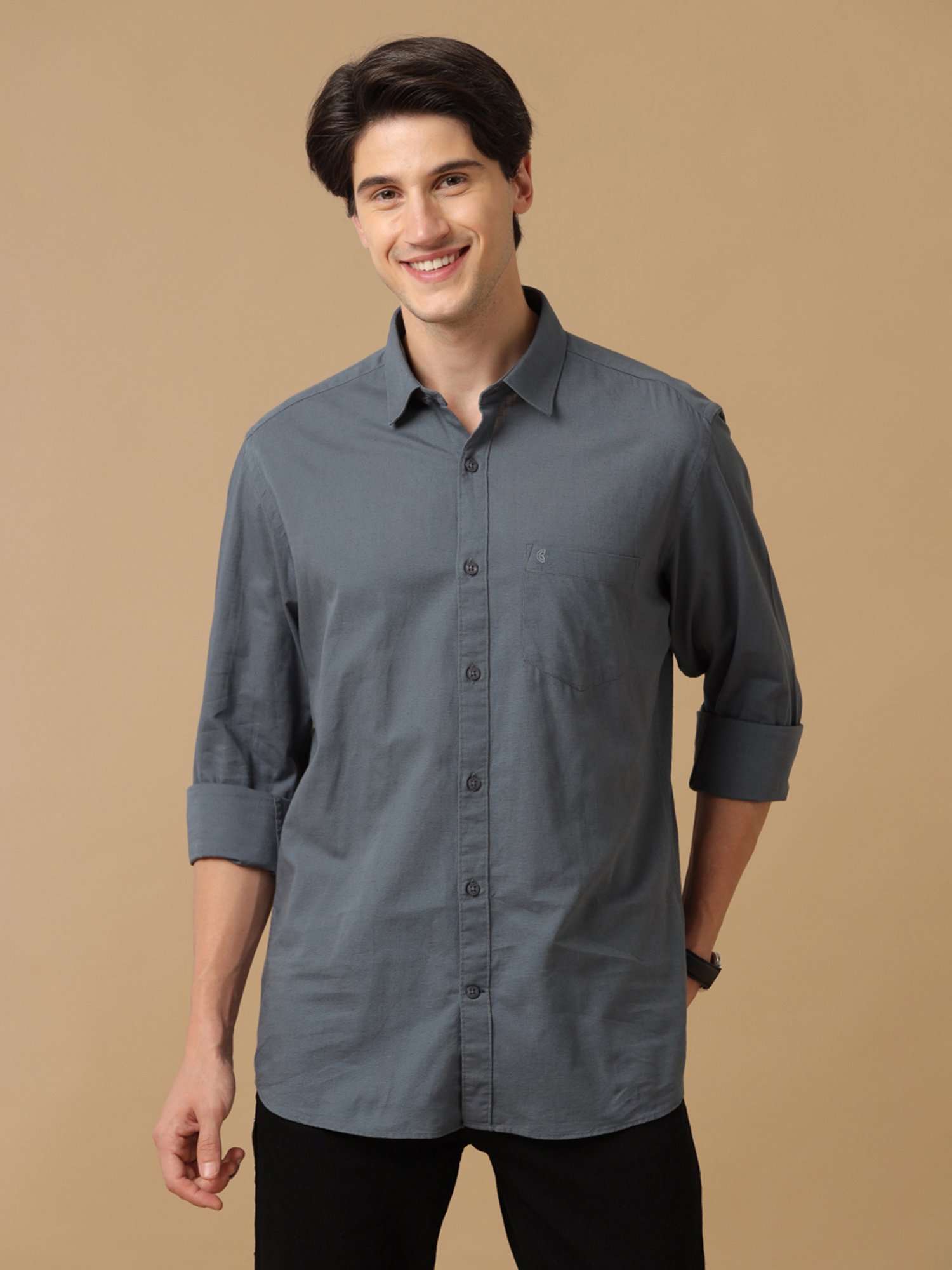 CAVALLO by Linen Club Grey Contemporary Fit Shirt