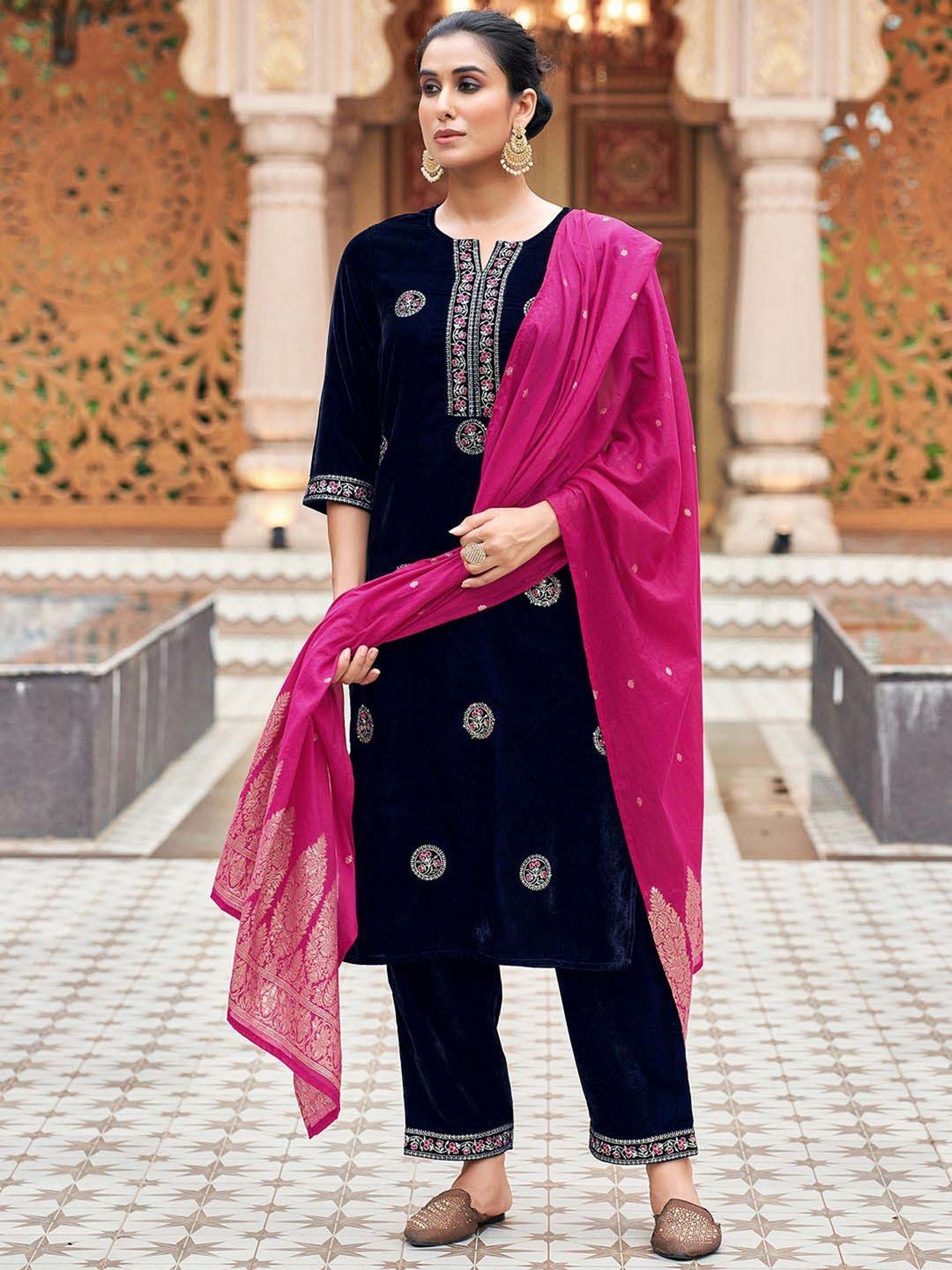 Skylee Navy Embroidered Kurta Pant Set With Dupatta