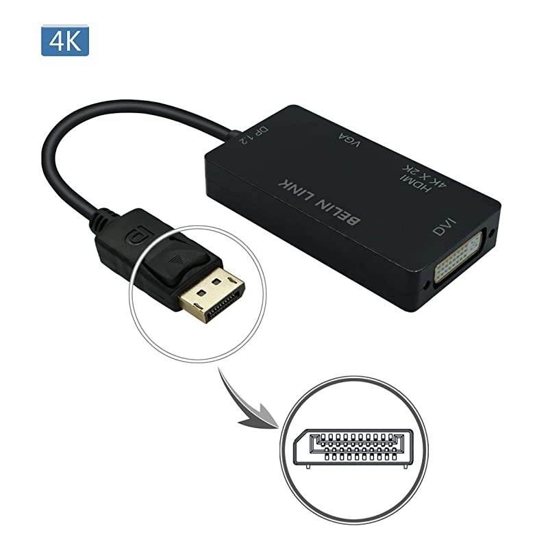 to HDMI VGA DVI Adapter Displayport to HDMI 4K Adapter 3 in 1 Display Port to HDMI VGA DVI Converter Male to Female Gold-Plated (Diamond Shaped) (4K Rectangle Black)