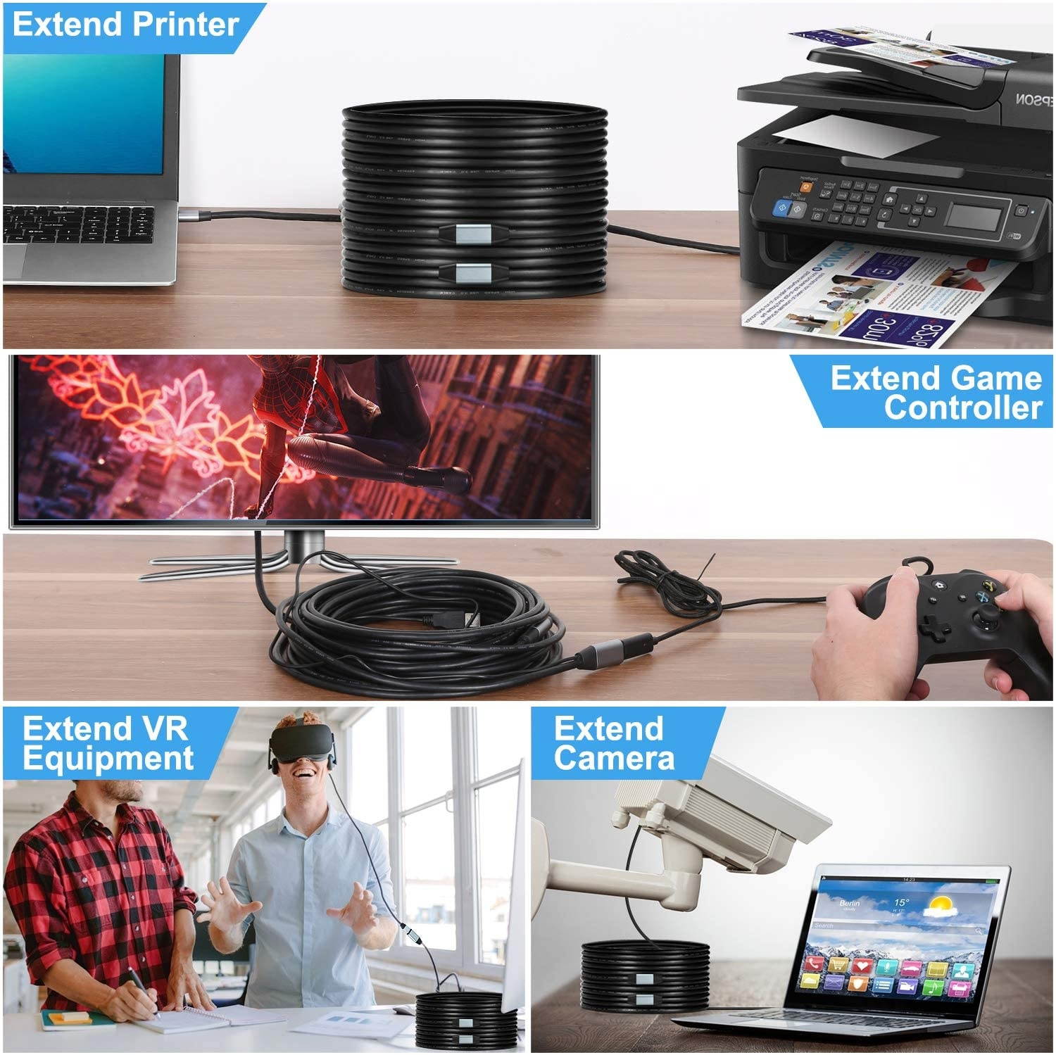 GOSYSONG Active USB 3.0 Extension Cable 30ft with Amplifier(Chipset Booster)-Male to Female Extender CordUSB Extension Cable for USB Flash DriveHard DrivePlaystationXbox VRPrinterCameraLaptop