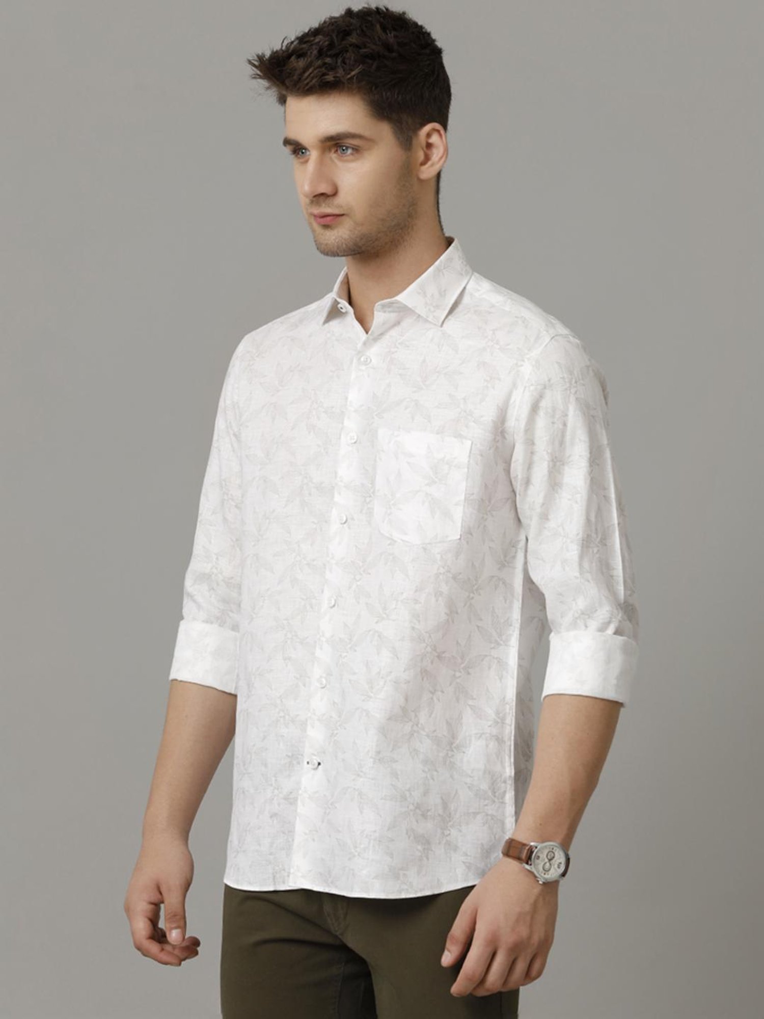 Linen Club White Linen Contemporary Fit Printed Shirt