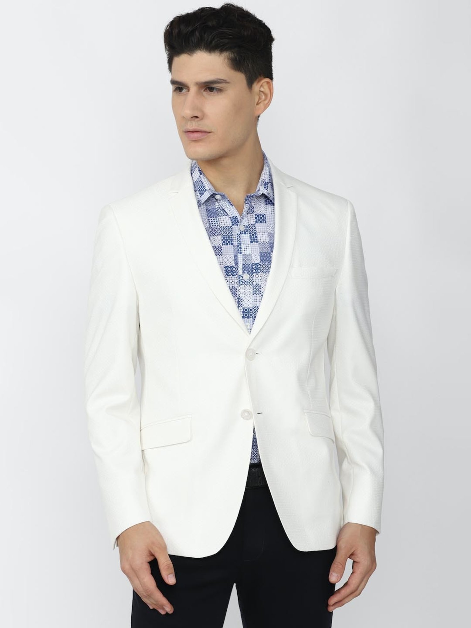 V Dot White Skinny Fit Blazer