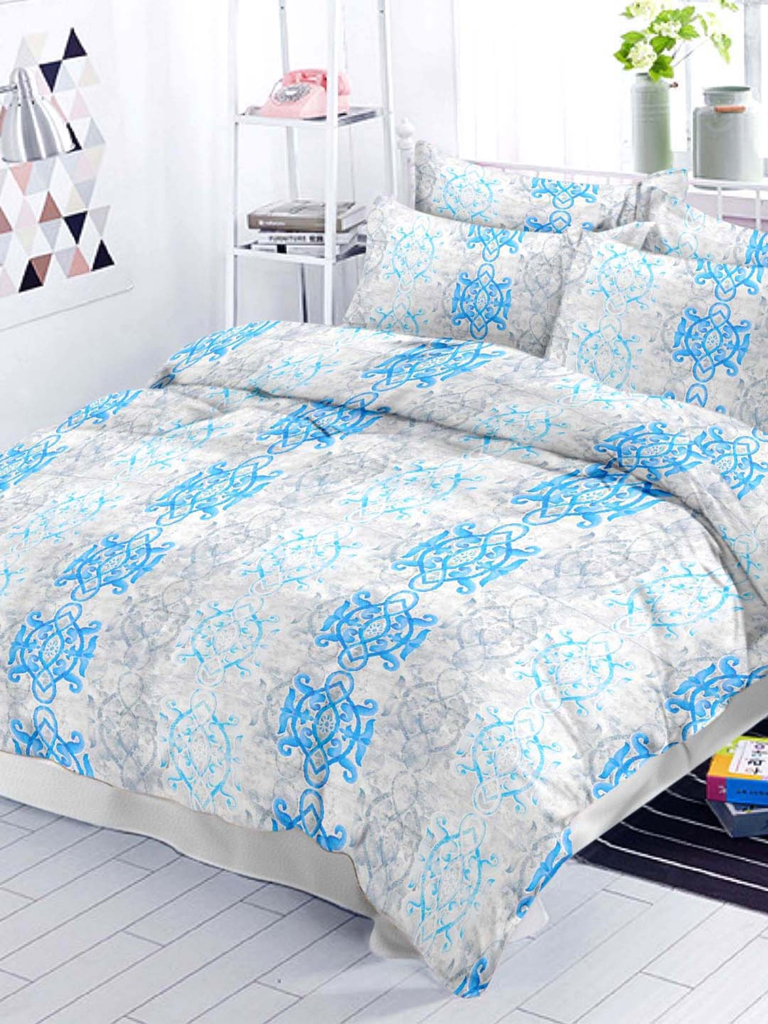 Ariana Elite Aqua & Grey Cotton 300 TC King Bedsheet with 2 Pillow Covers