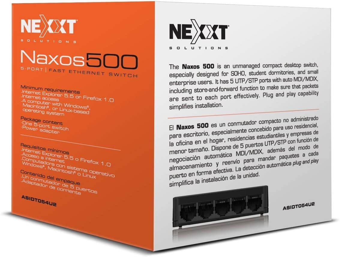 Nexxt Solutions 5-Port Fast Ethernet Network Switch [Naxos500] | Smart Plug and Play Unmanaged Desktop Switch with Internet Splitter
