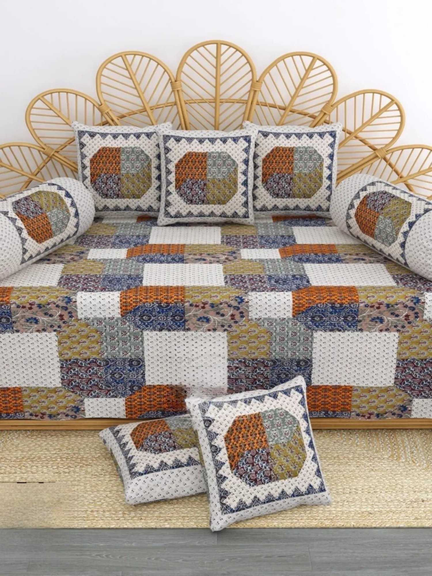 Living Roots Printed Grey 300 TC Cotton Single Diwan - Set of 8