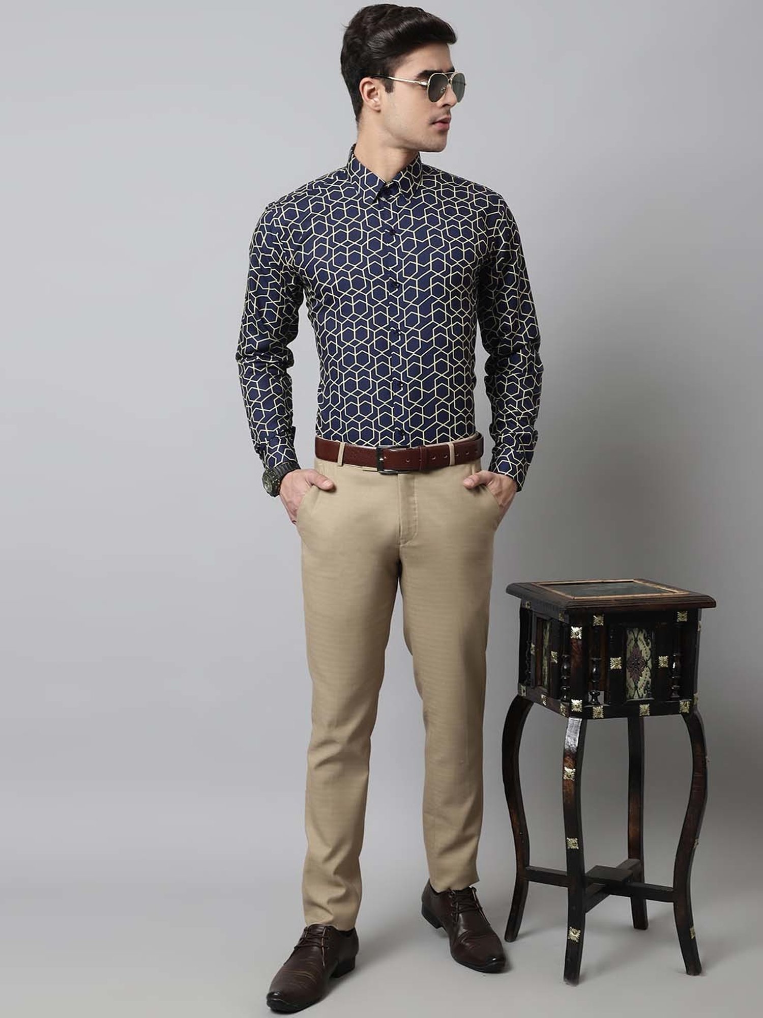 Sojanya Blue Cotton Regular Fit Self Pattern Shirt