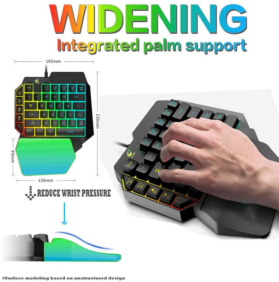 One Hand Gaming Keyboard and Mouse Combo, 39 Keys Wired Mechanical Feel Rainbow Backlit Half Keyboard, Support Wrist Rest, USB Wired Gaming Mouse for LOL/PUBG/Wow/Dota/OW/Fps Game