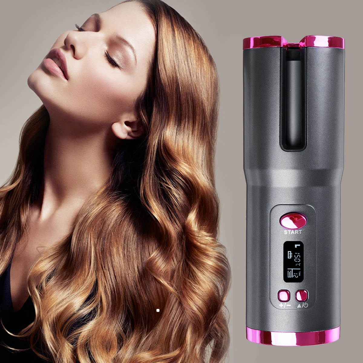 Wireless Automatic Hair Curler Cordless LCD Display Portable USB Charging Auto Rotating Hair Curler-White