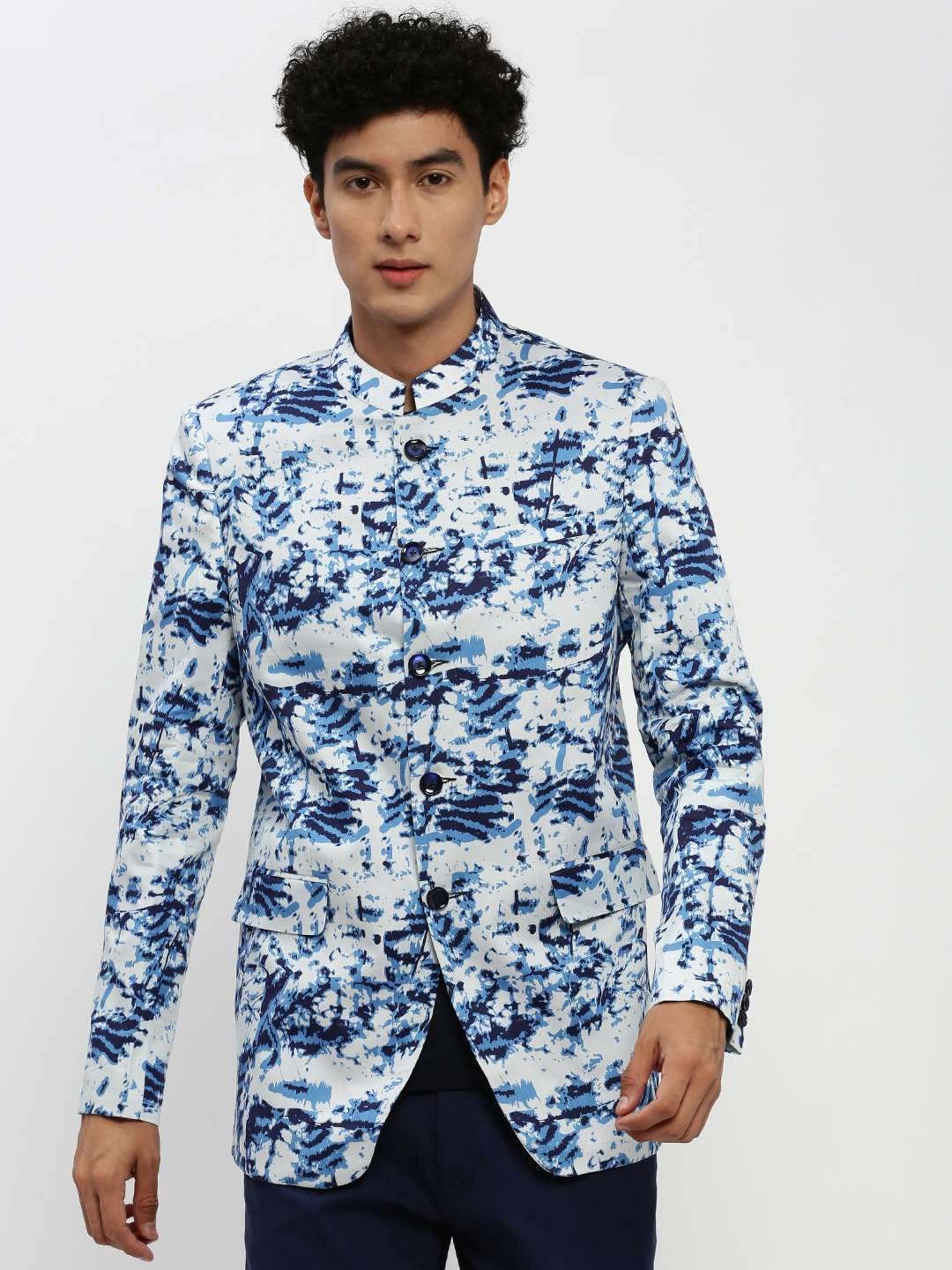 SHOWOFF White & Blue Slim Fit Printed Blazer