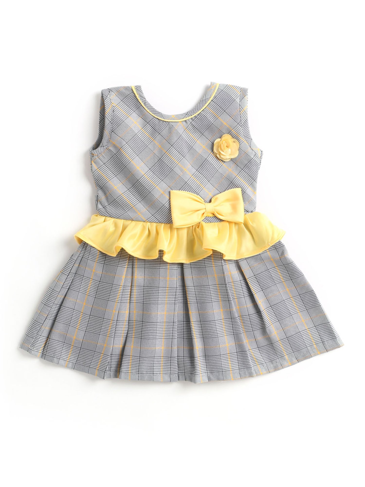 The Magic Wand Kids Grey & Yellow Checks Dress with Bow