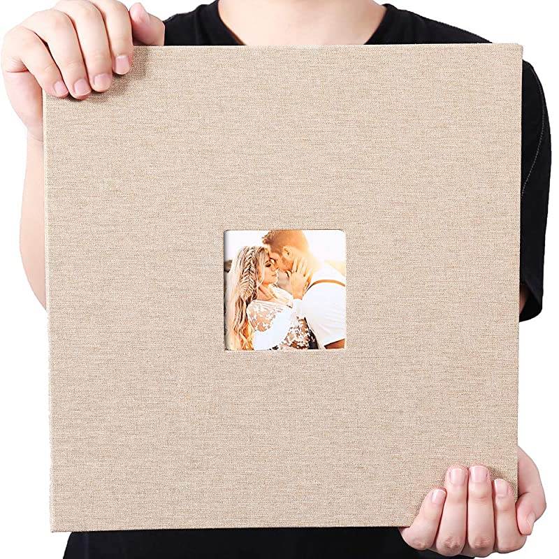 Self Adhesive Photo Album 13 x 126 Inches Magnetic Scrapbook Album 40 Magnetic Double Sided Pages Fabric Hardcover DIY Photo Album with A Metallic Pen Khaki