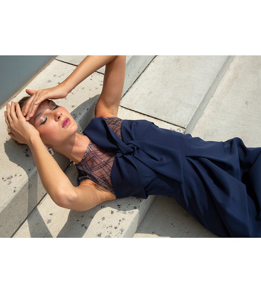 JS Collections Reille Illusion Yoke Stretch Crepe Crew Neck Bow Detail Sleeveless Dress