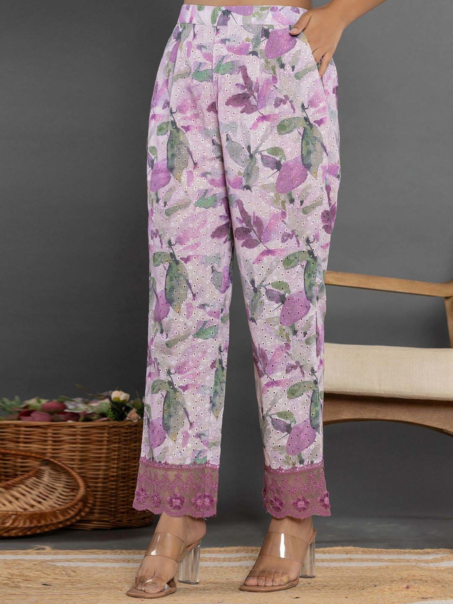 Yufta Purple Cotton Printed Tunic Pant Set