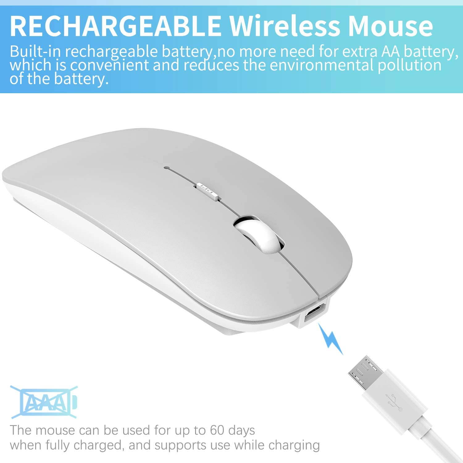 2.4GHz Wireless Bluetooth Mouse, 3 Adjustable DPI, Dual Mode Slim Rechargeable Wireless Mouse Silent USB Mice,Compatible for Laptop Windows Mac Android MAC PC Computer (Silver)