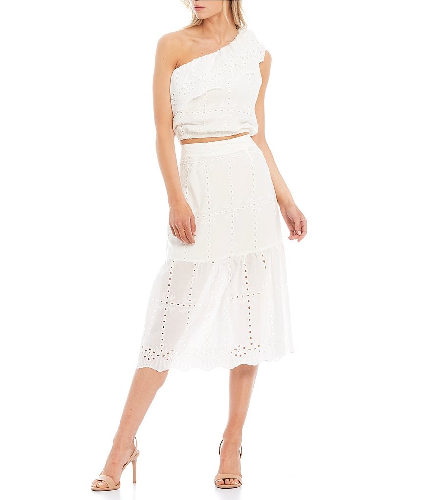 Sugarlips Moonbeam Eyelet One Shoulder Ruffle Crop Top