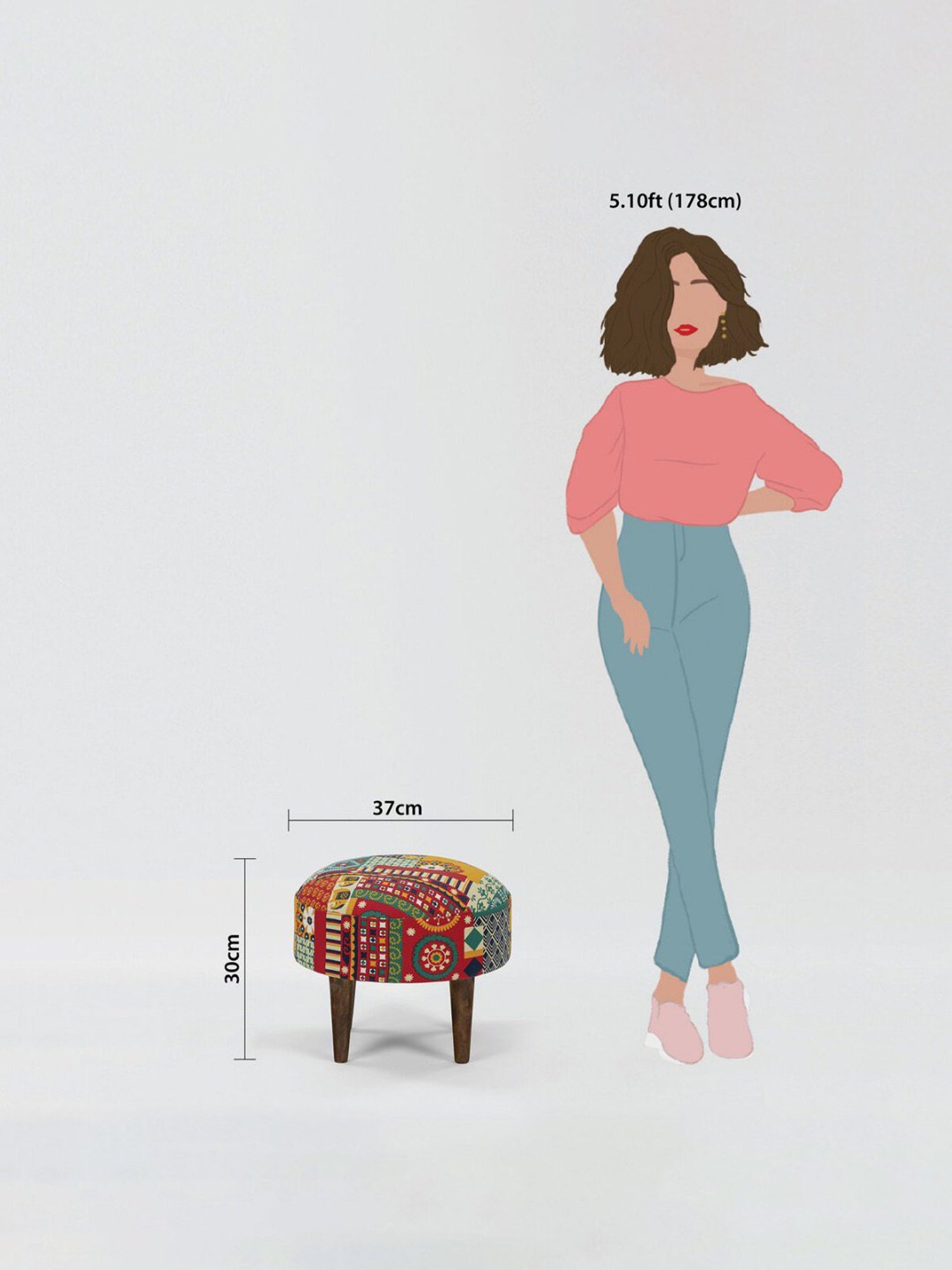 Chumbak Begum Swirls Ikat Red Wood Foot Rest Ottoman