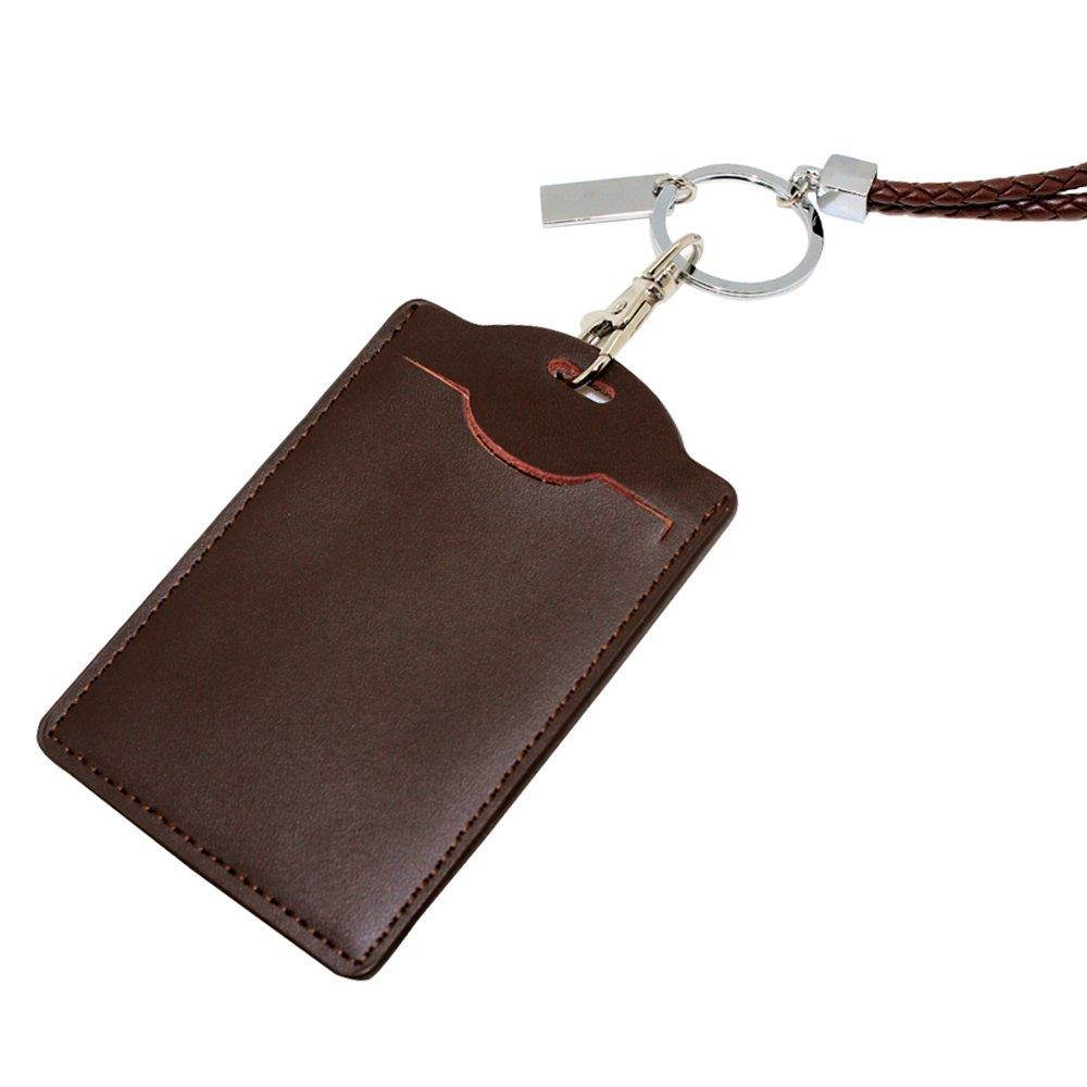 Boshiho Vertical Style Leather ID Card Badge Holder with Heavy Duty Lanyard (Brown)