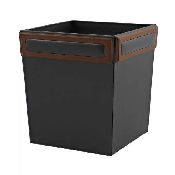 A8403 Square Waste Basket Walnut & Top-grain Black Leather