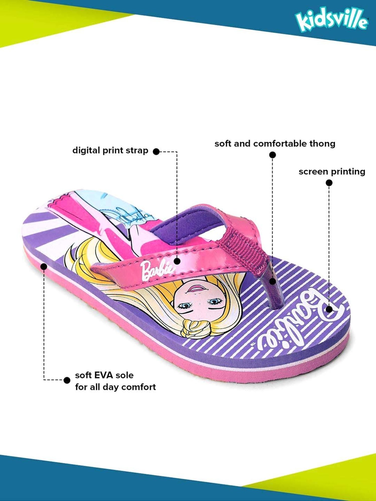 Kidsville Barbie Printed Pink & Purple Flip Flops